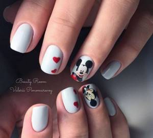 White manicure with Mickey Mouse