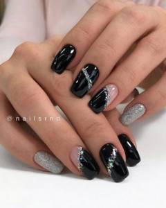 Black and silver manicure with rhinestones and sparkles