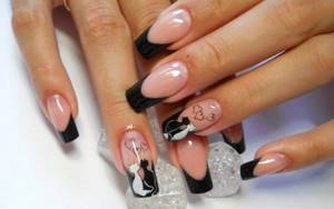 Black French manicure with a cat pattern on long nails.