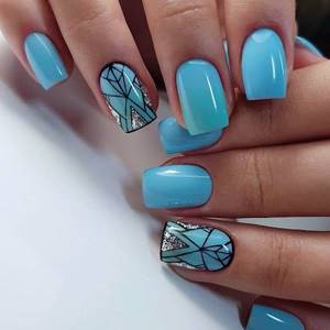 blue manicure with drawings