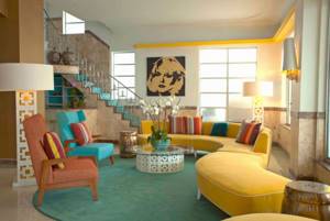 интерьер в ярких цветах эффектный дизайн гостиной с жёлтым диваном