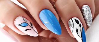 beautiful manicure design with silver, white and blue gel polish