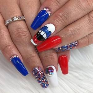 red and blue manicure for long nails