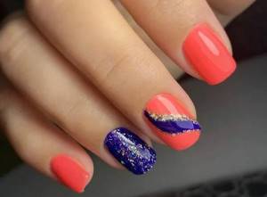 red and blue manicure with rhinestones and sparkles