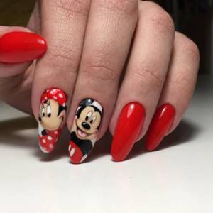 Red manicure with Mickey Mouse