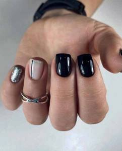 Квадратная форма ногтей черный маникюр с блестками