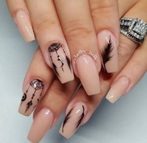 Beige manicure with a dream catcher pattern, long square feathers on the nails.