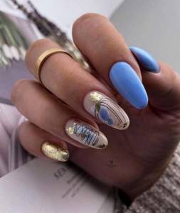 Manicure blue with gold and beige