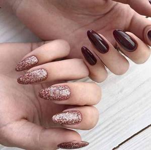 Manicure different hand designs with pink sparkles and dark red