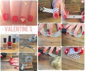 Manicure with hearts using adhesive tape