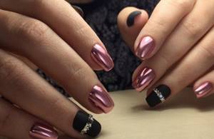 Manicure with rubbing black background and rhinestones