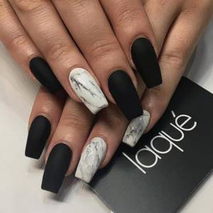 Matte black manicure, square marble nail design.