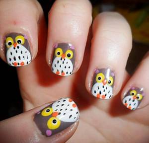 Милые совы в дизайне ногтей