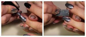 Apply gel polish with a cat&#39;s eye effect to the dry coating and create a highlight with a magnet.