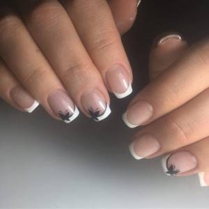 Unusual French manicure on square nails with a butterfly design.