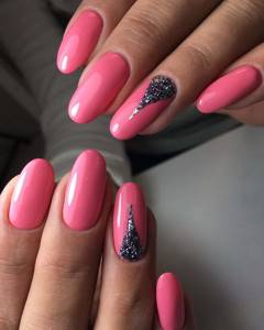 Plain pink manicure with glitter on extended nails