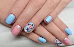 Pink and blue manicure with stained glass