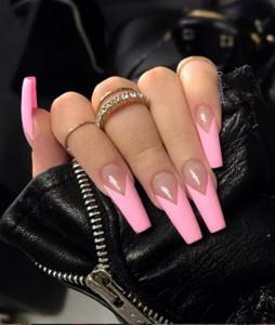 Pink French triangle on long square nails.