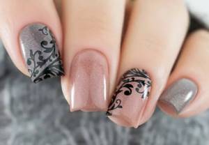 gray manicure with stamping