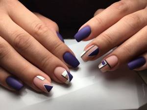 Blue matte manicure on medium-length square-shaped nails.