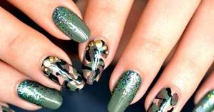 Military manicure camouflage with sparkles and rhinestones