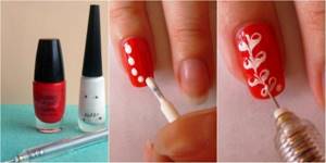 Bright designs on nails with varnish and a needle. Nail art master class 