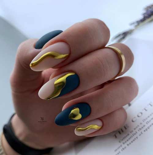 Золотое сердечко на ногтях дизайн втиркой